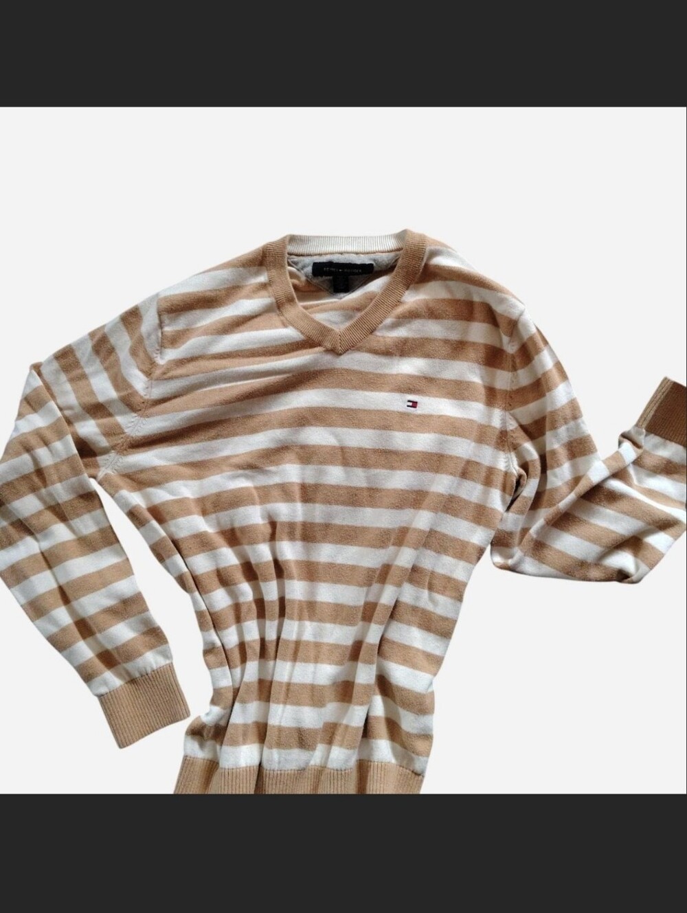 Tommy Hilfiger Men’s/Women's Beige and White Striped V-Neck Sweater